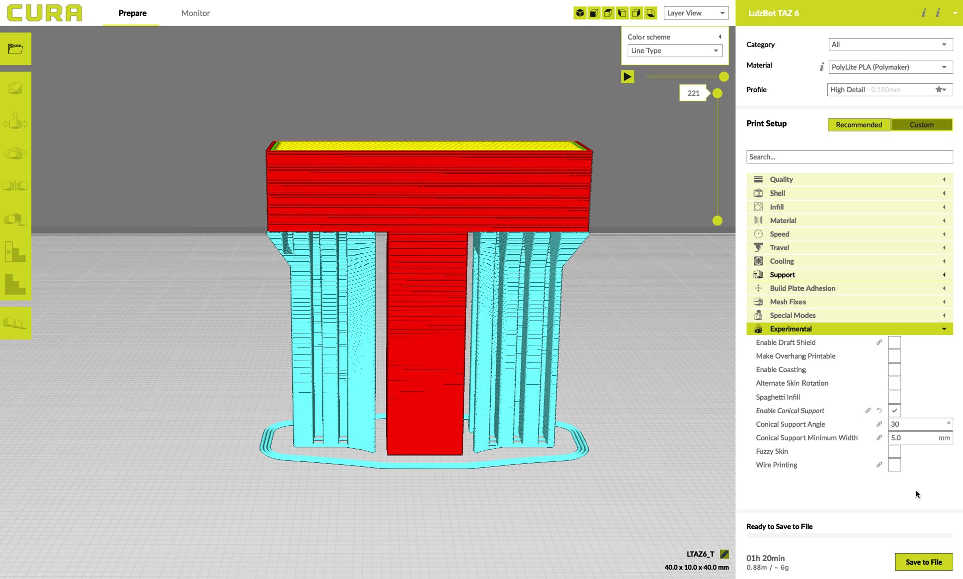 Conical supports designed in Lulzbot Cura's slicer software
